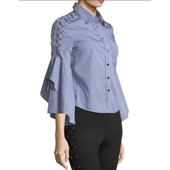 Jonathan Simkhai Button-Front Gingham Poplin Shirt With Lace-Up Trim - Picture 2 of 10